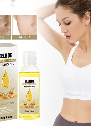Eelhoe peeling oil packaging and bottle with a woman using it on her arm, showing before and after results.