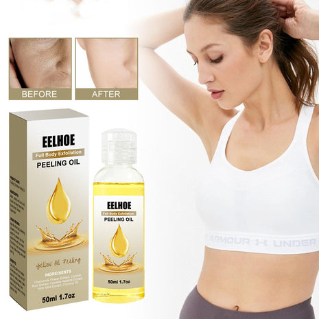 Eelhoe peeling oil packaging and bottle with a woman using it on her arm, showing before and after results.