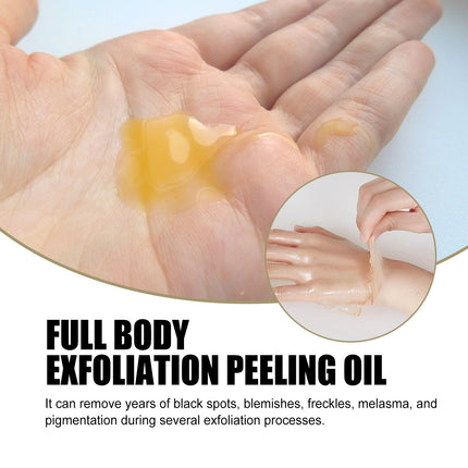 Hand applying full body exfoliation peeling oil with text on a white background