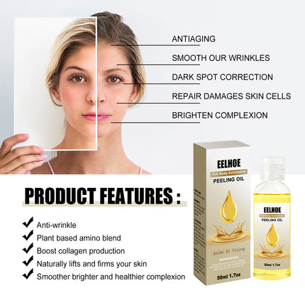Eelhoe peeling oil product features with a woman's face showing before and after effects.