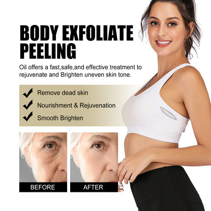 Advertisement for body exfoliate peeling treatment showing a woman and before-and-after effects on skin.