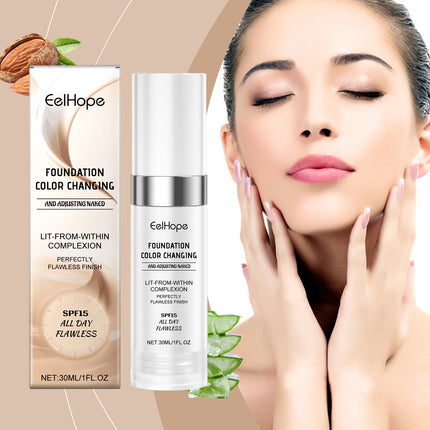 EelHope foundation color-changing product with a model and aloe vera plant on a beige background