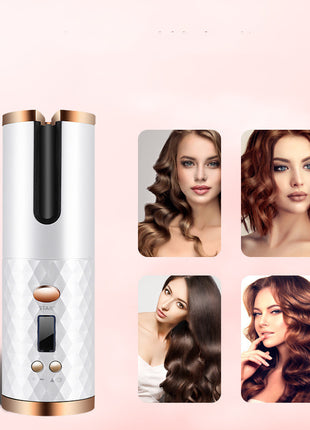 Hair styling device with images of women with styled hair on a pink background