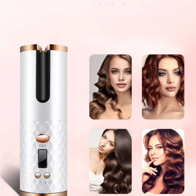 Hair styling device with images of women with styled hair on a pink background