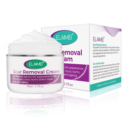 Scar removal cream jar with packaging on a white background