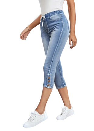 Women’s elastic waist denim pants featuring medium stretch fabric and comfortable cropped fit.