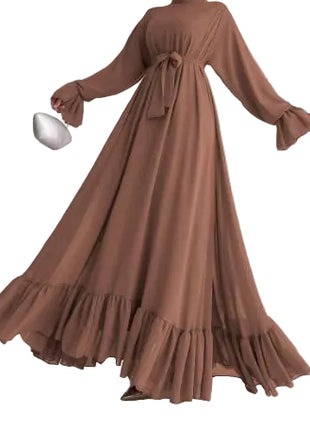 Brown long-sleeve dress with a belt on a white background