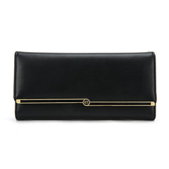 Black clutch bag with gold accent on a white background