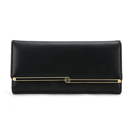Black clutch bag with gold accent on a white background
