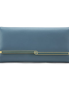 Blue wallet with gold accent on a white background
