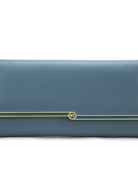Blue wallet with gold accent on a white background