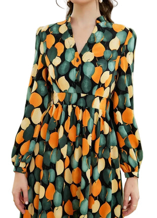 Women's V-Neck Long Sleeve Button A-Line Dress