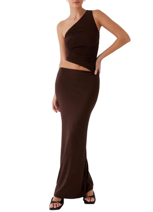 Stylish Polyester Two-Piece Skirt Brown Set