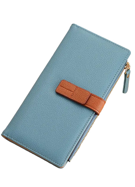Elegant PU leather wallet with buckle detail and organized compartments for cards and cash.