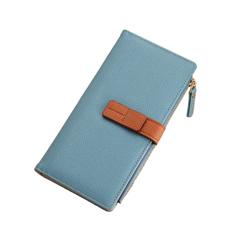 Elegant PU leather wallet with buckle detail and organized compartments for cards and cash.
