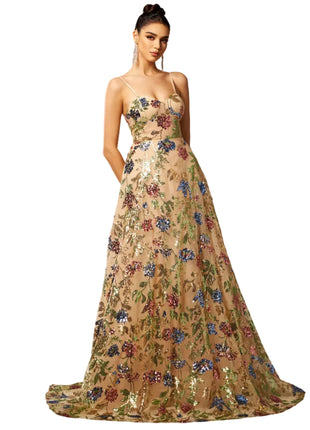 Elegant Apricot Sequin Suspender Dress
