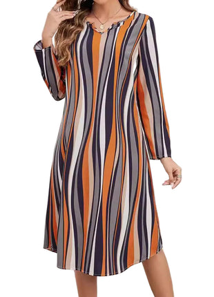 Elegant Striped Long Sleeve V-Neck Midi Dress in Orange, Blue, Grey and white BLNDL