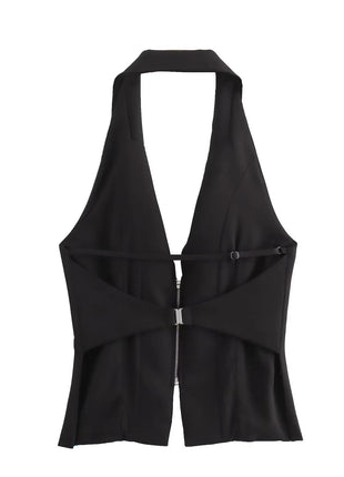 Elegant black chenille sleeveless top with a flattering slim fit and modern hanging collar neckline.