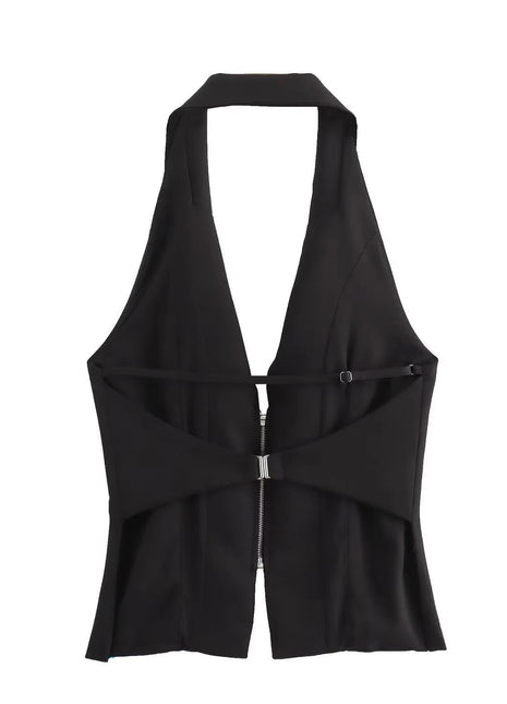 Elegant black chenille sleeveless top with a flattering slim fit and modern hanging collar neckline.