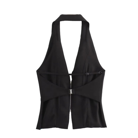 Elegant black chenille sleeveless top with a flattering slim fit and modern hanging collar neckline.