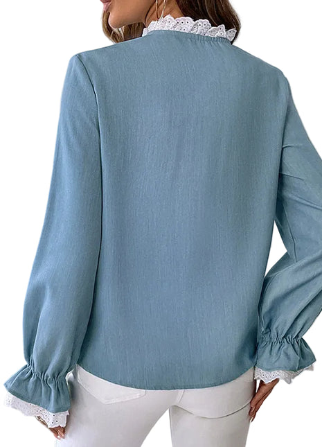 Elegant blue button-front top with lace collar detailing and lightweight polyester fabric.