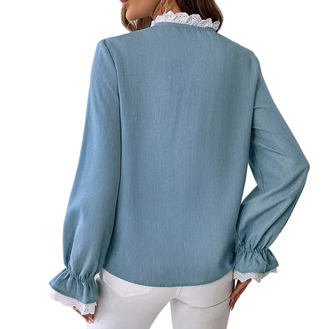 Elegant blue button-front top with lace collar detailing and lightweight polyester fabric.