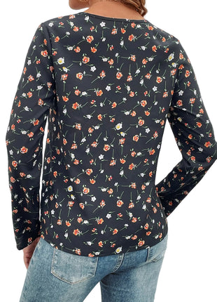Elegant floral print blouse featuring long sleeves, a classic crew neckline, and lightweight polyester fabric.