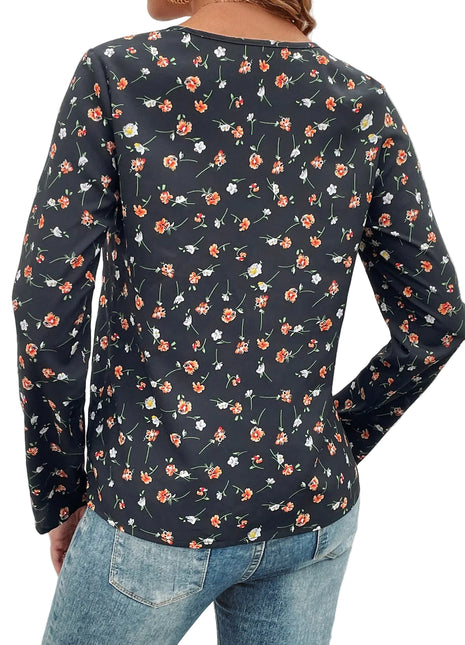 Elegant floral print blouse featuring long sleeves, a classic crew neckline, and lightweight polyester fabric.