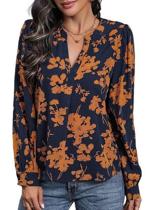 Elegant women's long sleeve printed blouse paired with jeans for a stylish everyday outfit.
