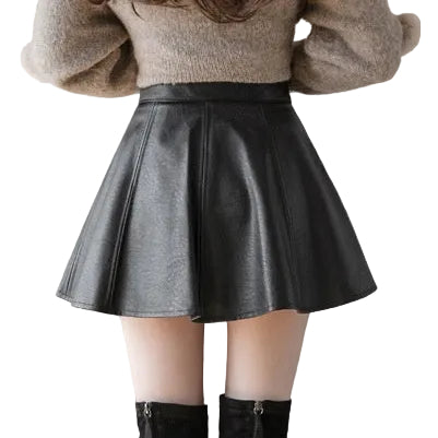Black Faux Leather A-Line Short Skirt for Women