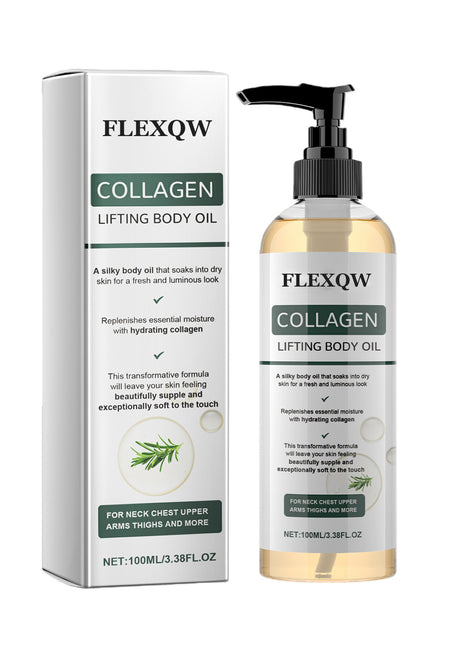 FLEXQW rosemary collagen body oil with lightweight formula for hydration, smoothness, and radiant skin glow.