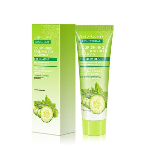 Pretty Cowry nourishing face and body scrub with packaging on a white background