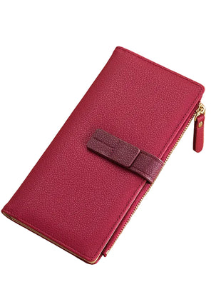 Fashionable women's PU wallet featuring contrast color details and secure zipper storage.
