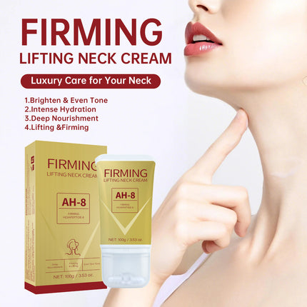 An advertisement image featuring a package and tube of Firming Lifting Neck Cream with a close-up of a woman's neck and face. The package promotes features such as brightening, intense hydration, deep nourishment, and lifting and firming effects.