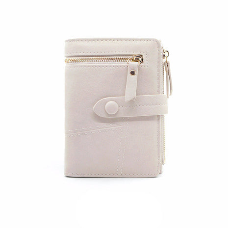 Folding Mori PU leather wallet with Korean style design and zipper closure.
