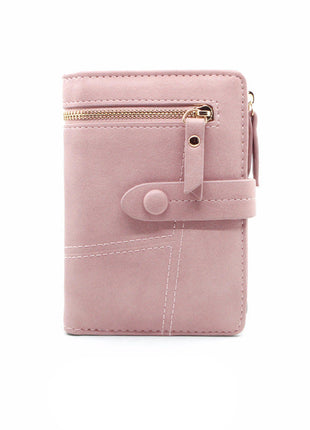 Folding Mori PU leather wallet with Korean style design and zipper closure.
