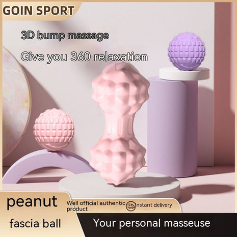 Massage tools including a pink fascia ball and purple peanut on a light background with promotional text.