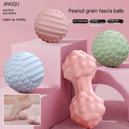 Peanut grain fascia balls and a massage tool on a pink background with text describing their uses.