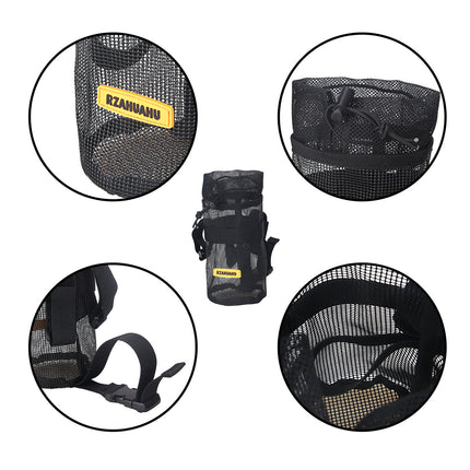 Black mesh bag with RZHUHUHU branding on a white background