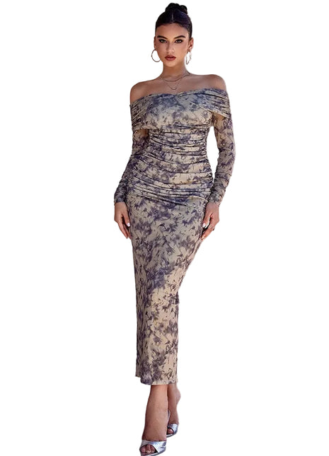 Elegant Brown Long Sleeve Mesh Evening Dress BLNDL