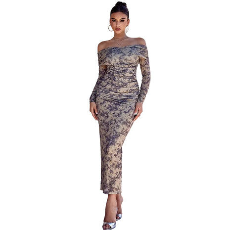 Elegant Brown Long Sleeve Mesh Evening Dress BLNDL