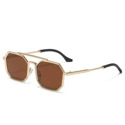 Gold-framed sunglasses with brown lenses on a white background