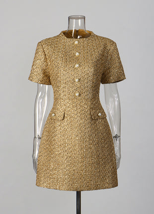 Women's Gold Tweed Cocktail Dress
Elegant Short Sleeve Pearl Button 