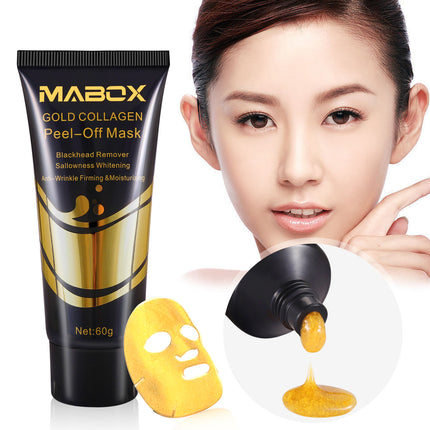 Mabox Gold Collagen Peel-Off Mask with a woman applying it on her face.