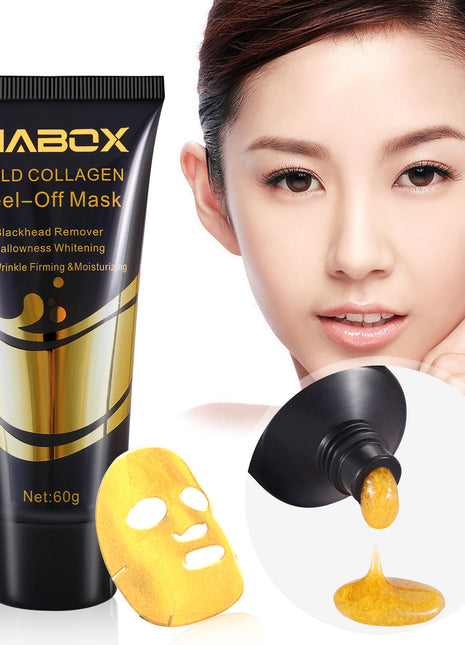 Mabox Gold Collagen Peel-Off Mask with a woman applying it on her face.