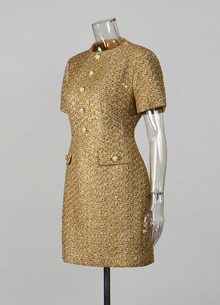 Women's Gold Tweed Mini Dress with Pearl Buttons
Gold A-Line Mini Dress with Pearl Button Details
Women's Gold Tweed Cocktail Dress
Elegant Short Sleeve Pearl Button 