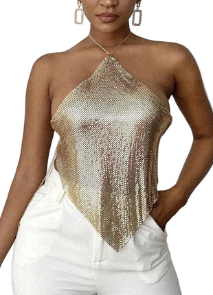 Gold metallic sleeveless halter top designed for festivals, evening events, and stylish nights out.