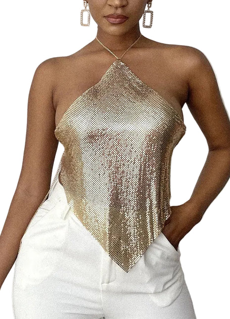 Gold metallic sleeveless halter top designed for festivals, evening events, and stylish nights out.