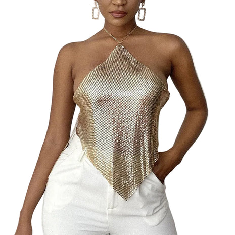 Gold metallic sleeveless halter top designed for festivals, evening events, and stylish nights out.