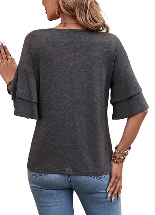 Gray half sleeve fashion T-shirt with feminine flounce accents for everyday casual wear.
